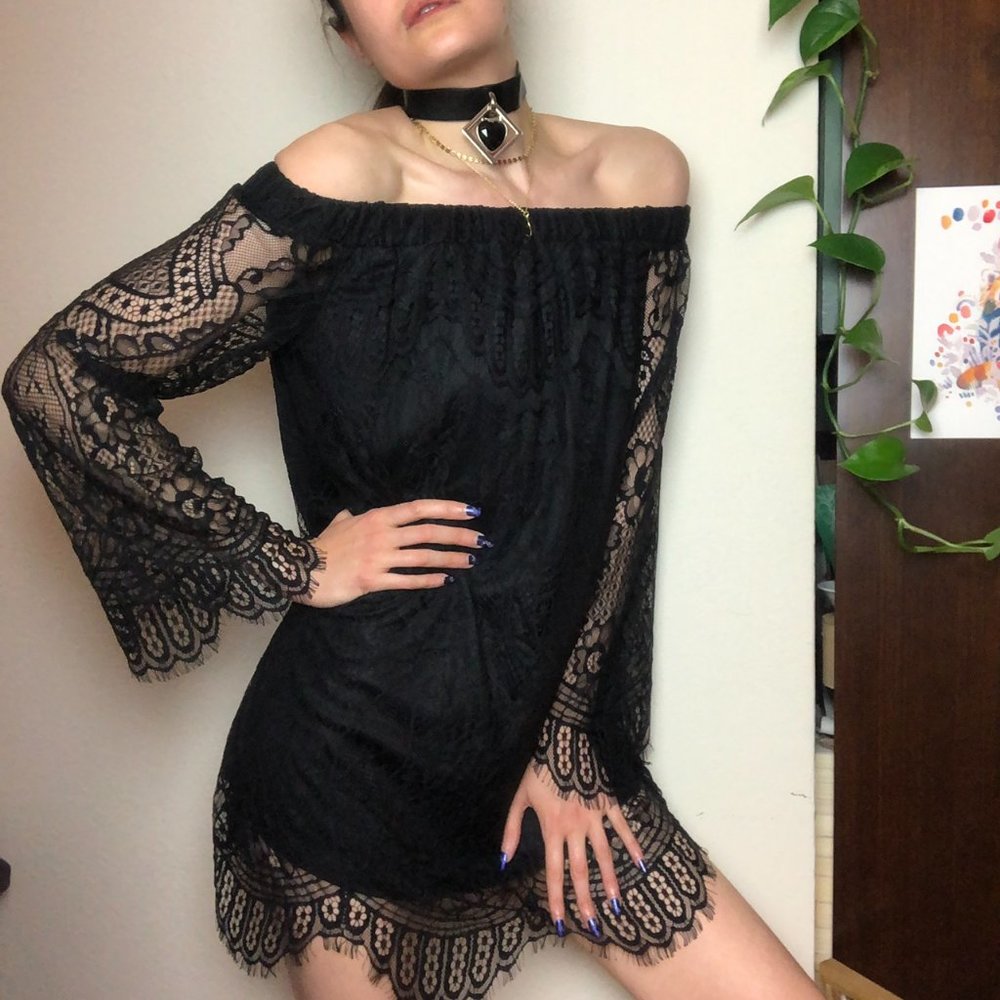 Love Fire Brand, black lace off shoulder dress